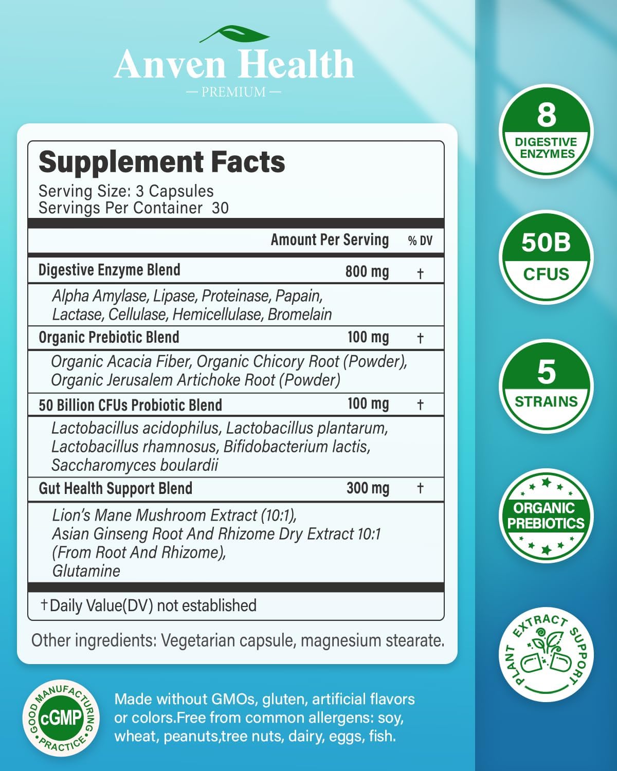 Digestive Health Probiotics for Women & Men - Enzymes, Prebiotic, Constipation Relief - 90 Capsules