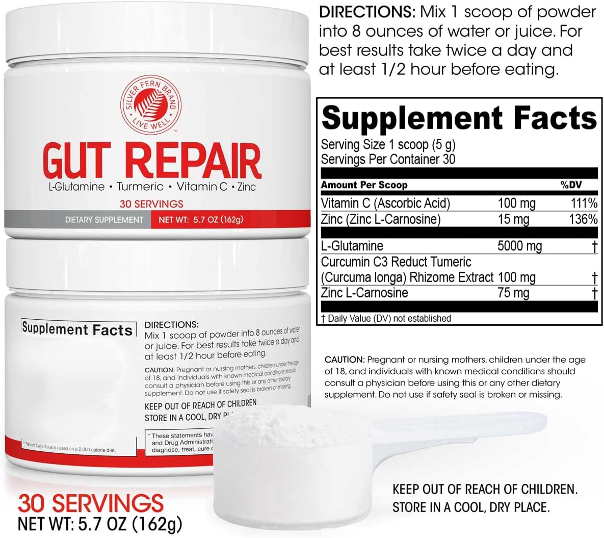 Digestive Health Supplement Powder with L-Glutamine, Curcumin, Zinc & Vitamin C for Gut Repair (2 Tubs - 60 Servings)