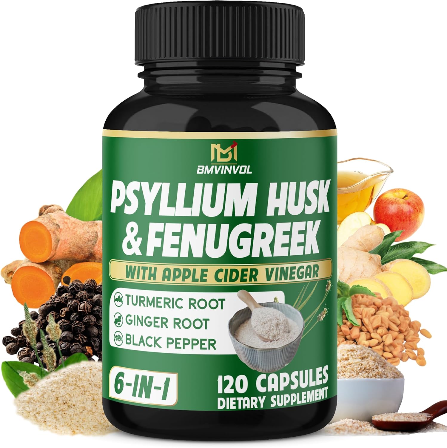 Digestive Health Support Capsules with Psyllium Husk, Fenugreek, Apple Cider Vinegar, Turmeric, Ginger, Black Pepper - 120 Count