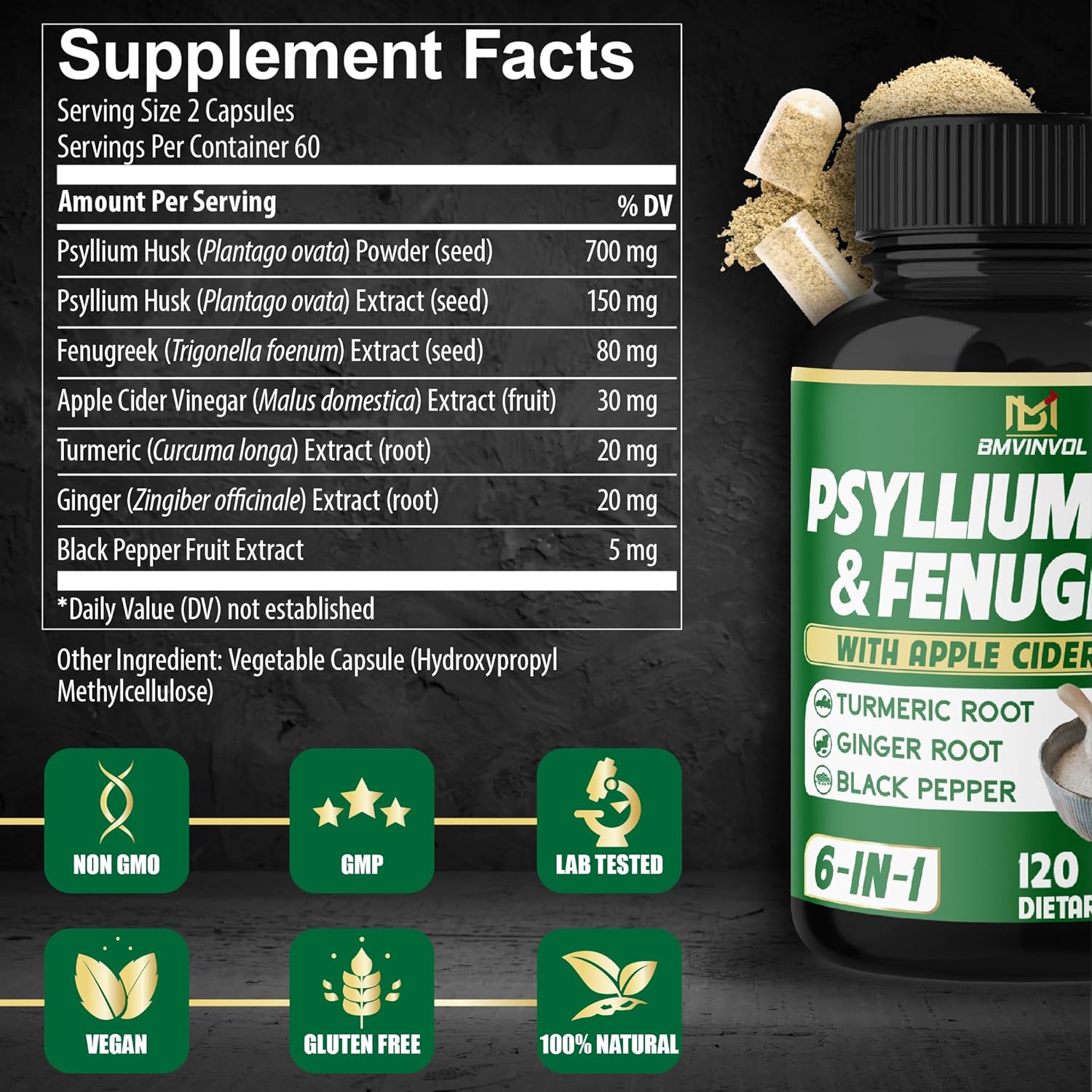 Digestive Health Support Capsules with Psyllium Husk, Fenugreek, Apple Cider Vinegar, Turmeric, Ginger, Black Pepper - 120 Count