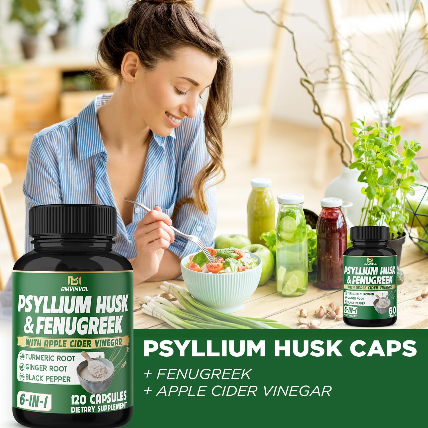 Digestive Health Support Capsules with Psyllium Husk, Fenugreek, Apple Cider Vinegar, Turmeric, Ginger, Black Pepper - 120 Count