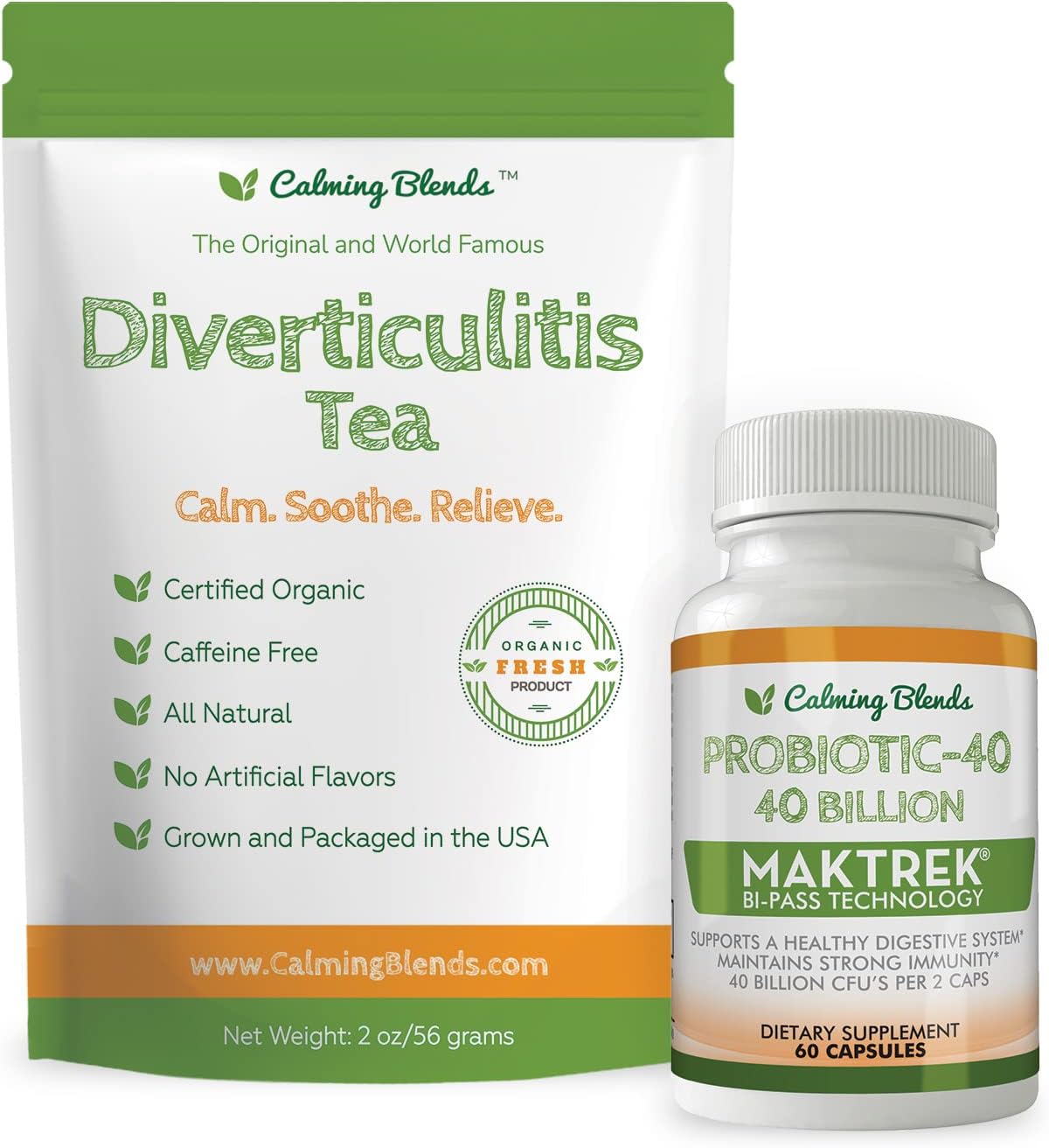 Digestive Health Support: Diverticulitis Tea & Probiotic Capsules (40 Billion CFU, 60 Count)