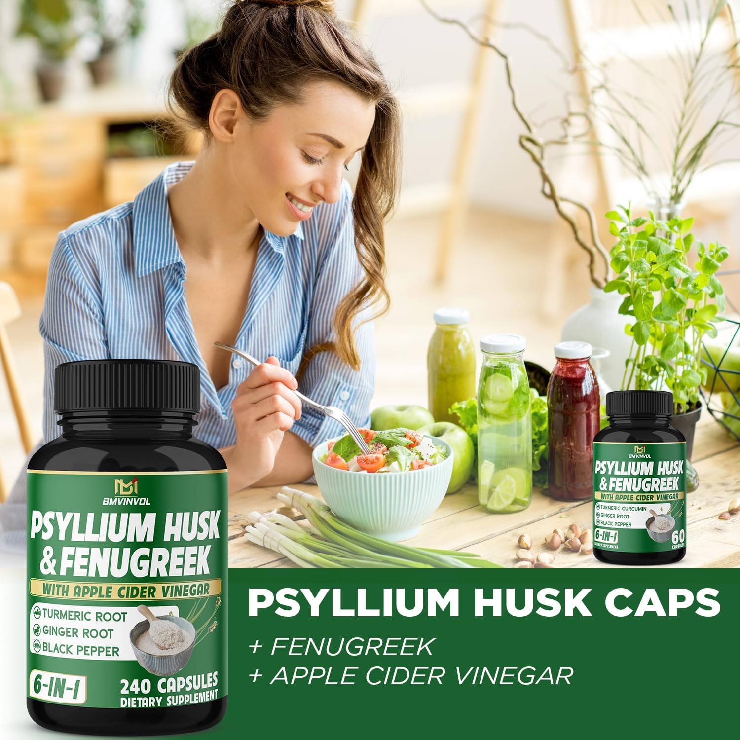 Digestive Health Support Supplement with Psyllium Husk Fiber, Fenugreek, Apple Cider Vinegar, Turmeric - 240 Capsules