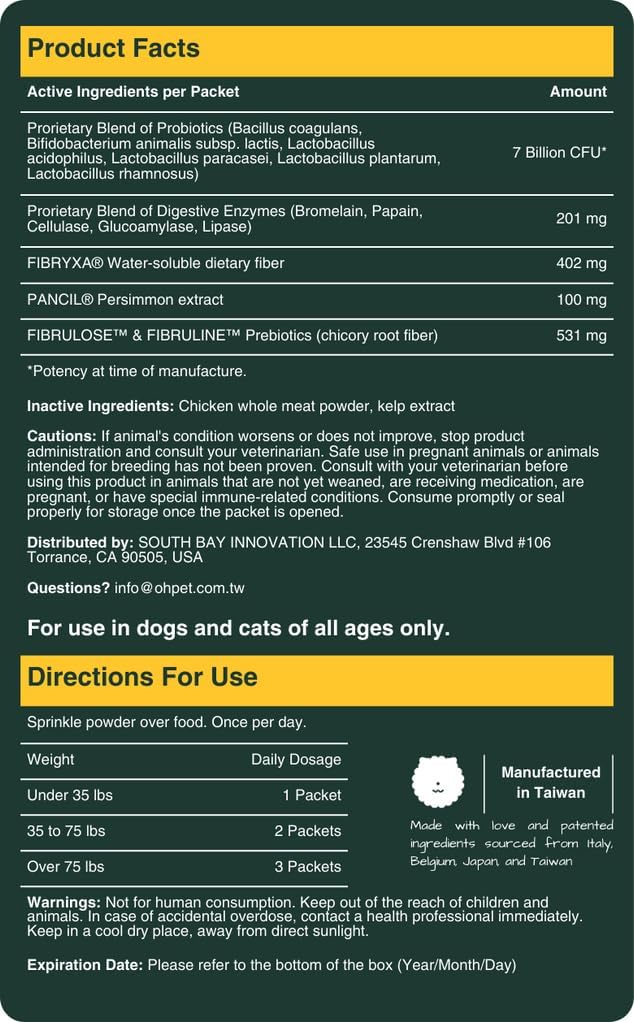 Digestive Probiotics Powder for Dogs & Cats - 5-in-1 Formula with 7 Billion CFUs, Prebiotics, Enzymes & Fiber - 30 Packets (Chicken Flavor)