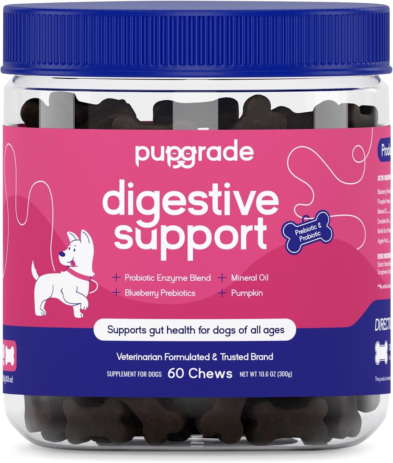 Digestive Support Chews for Dogs - Probiotic and Prebiotic Supplement with Enzymes - Pumpkin, Blueberry, Mineral Oil - 60 Soft Chews for Upset Stomach, Diarrhea, Bowel, and Immune Support