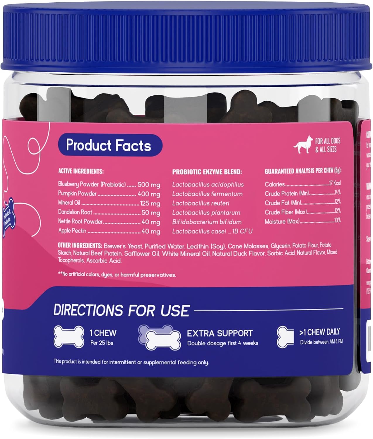 Digestive Support Chews for Dogs - Probiotic and Prebiotic Supplement with Enzymes - Pumpkin, Blueberry, Mineral Oil - 60 Soft Chews for Upset Stomach, Diarrhea, Bowel, and Immune Support