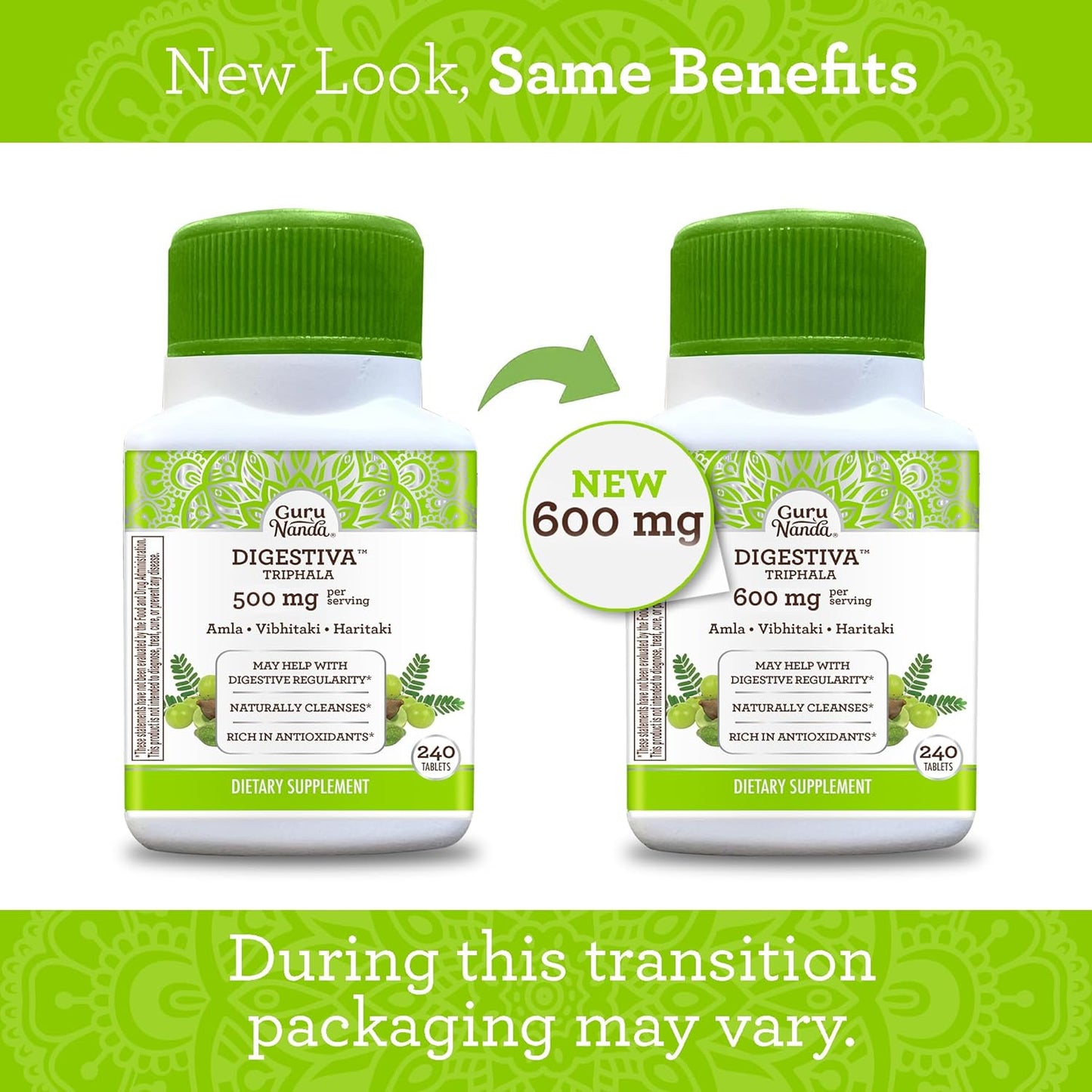 Digestive Support with GuruNanda Triphala Tablets - 240 Count, Natural Relief for Bloating & Constipation, Amla, Haritaki, and Bibhitaki Supplement
