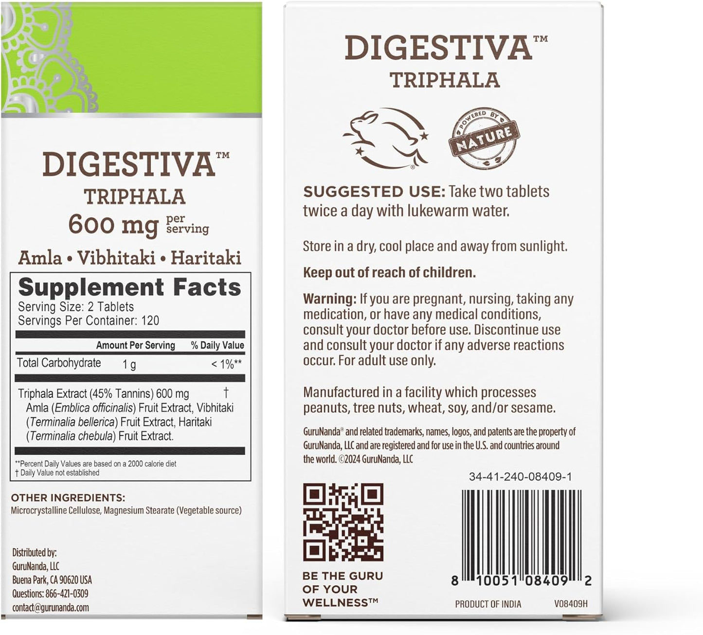 Digestive Support with GuruNanda Triphala Tablets - 240 Count, Natural Relief for Bloating & Constipation, Amla, Haritaki, and Bibhitaki Supplement