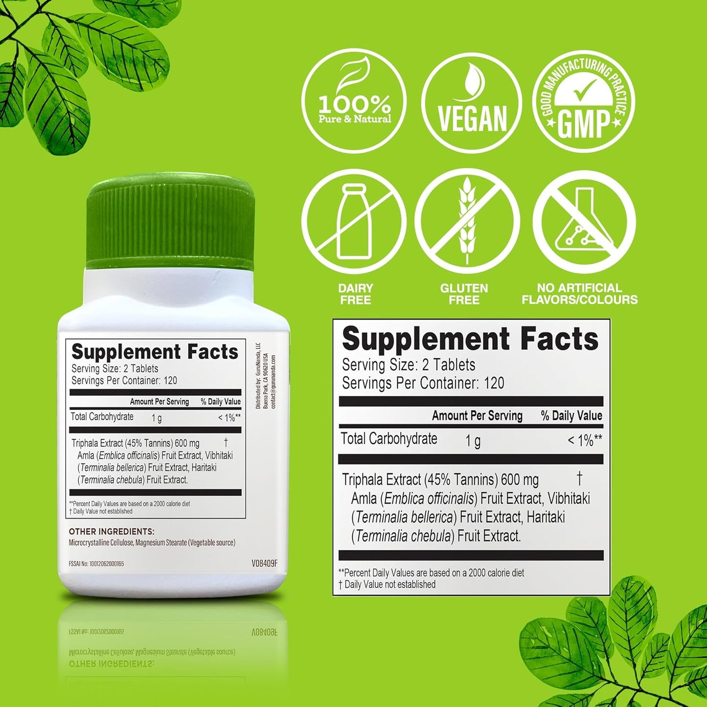 Digestive Support with GuruNanda Triphala Tablets - 240 Count, Natural Relief for Bloating & Constipation, Amla, Haritaki, and Bibhitaki Supplement