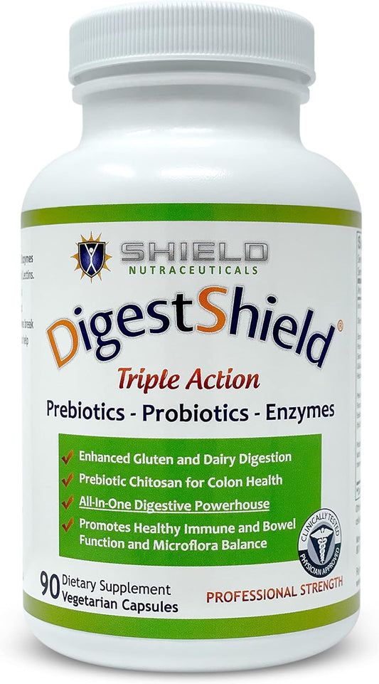 DigestShield® Probiotic, Prebiotic, & Enzyme Supplement - Reduce Bloating, Safely Digest Dairy & Gluten, Chitosan for Fat Absorption - 90 Meals