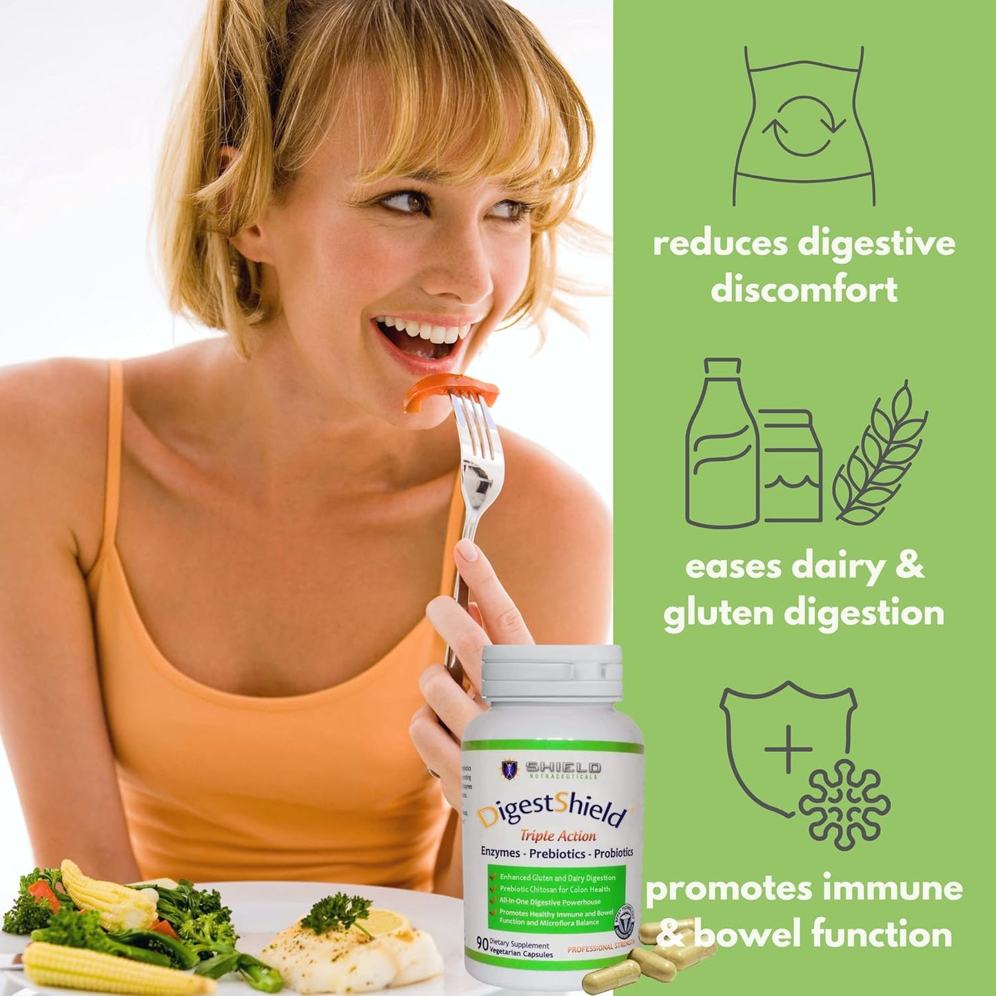 DigestShield® Probiotic, Prebiotic, & Enzyme Supplement - Reduce Bloating, Safely Digest Dairy & Gluten, Chitosan for Fat Absorption - 90 Meals