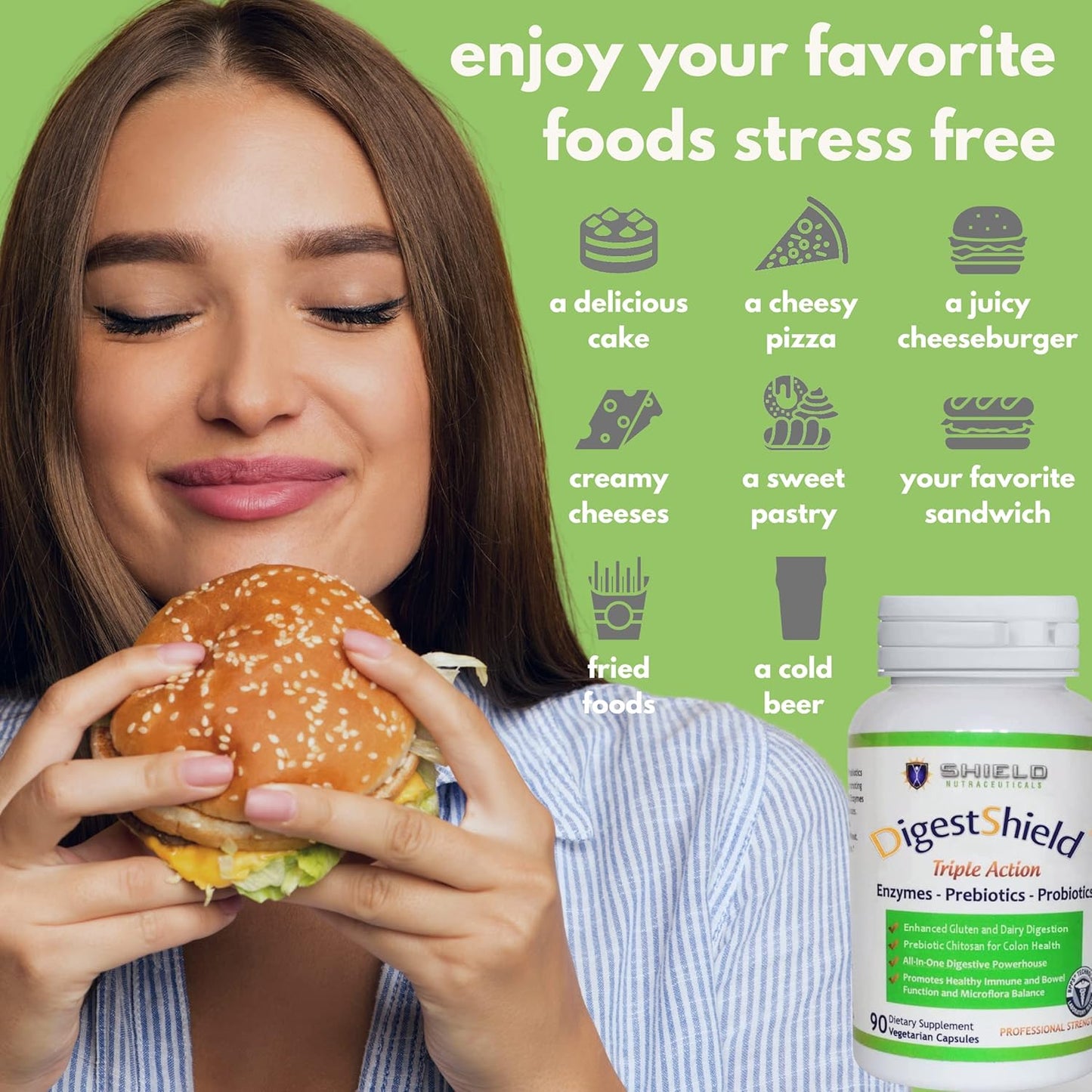 DigestShield® Probiotic, Prebiotic, & Enzyme Supplement - Reduce Bloating, Safely Digest Dairy & Gluten, Chitosan for Fat Absorption - 90 Meals