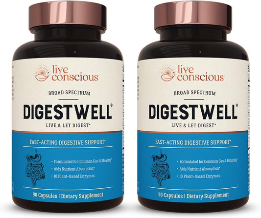 DigestWell Immediate Support - Fast-Acting Digestive Formula with Enzymes, Probiotics, & Herbs - Reduces Gas & Bloating - 90 Capsules (2-Pack)