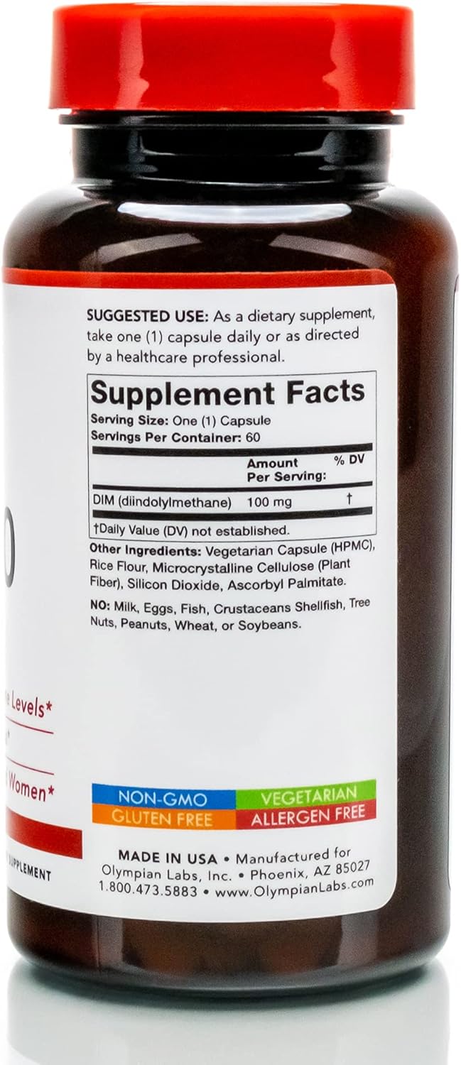 Diindolylmethane (DIM) Supplement 100mg - 60 Daily Capsules for Men and Women by Olympian Labs