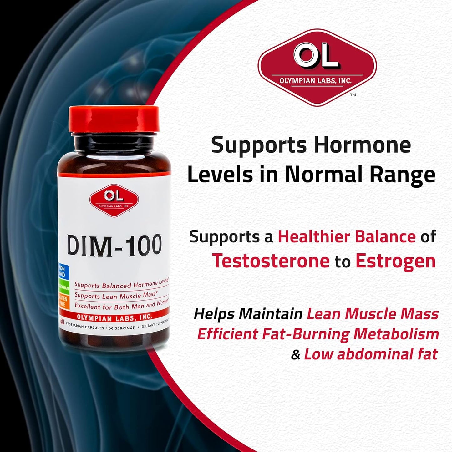 Diindolylmethane (DIM) Supplement 100mg - 60 Daily Capsules for Men and Women by Olympian Labs
