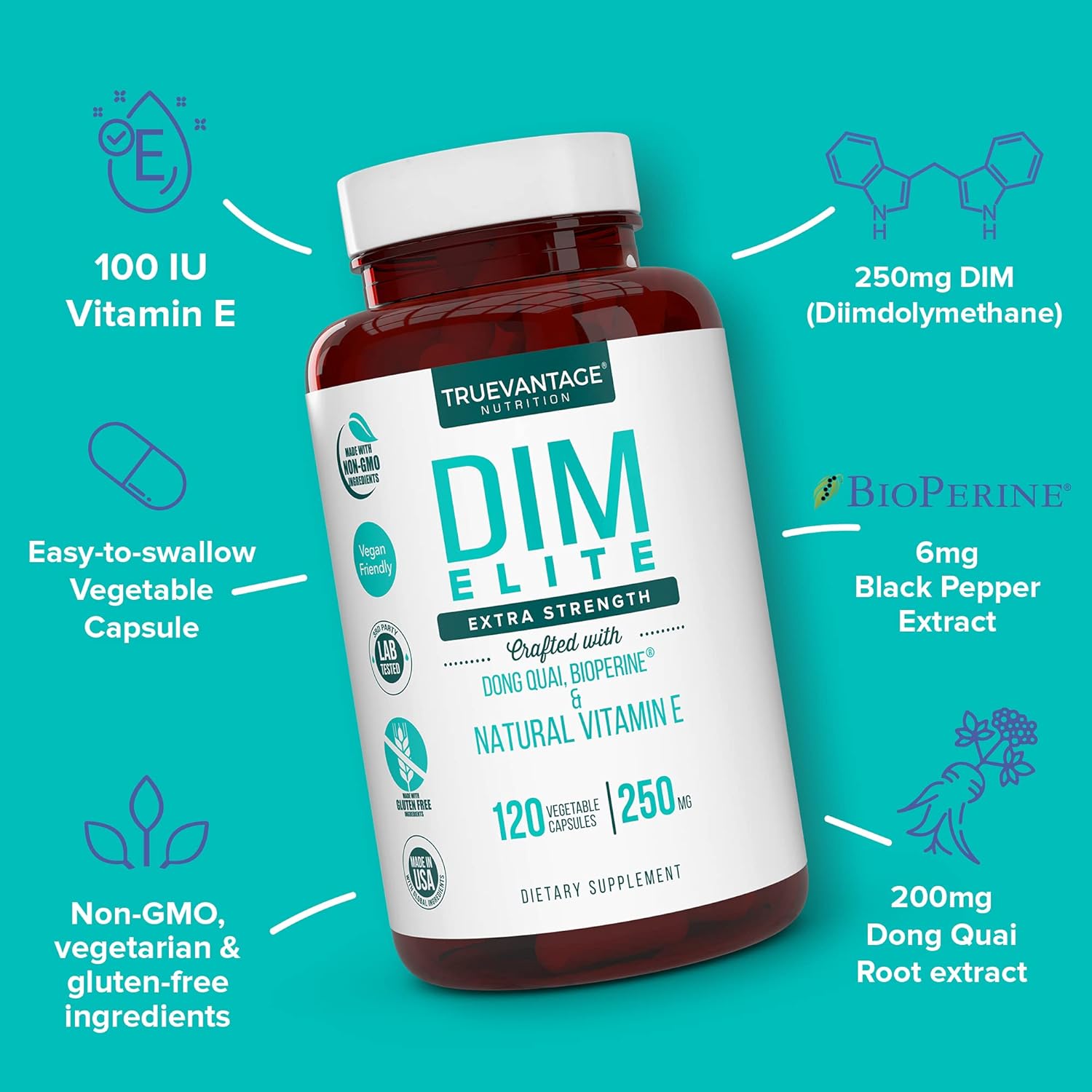 Diindolylmethane DIM Supplement 250mg with Dong Quai, Vitamin E, BioPerine - Hormone Balance for Menopause, PCOS, Acne - Veggie Capsules for Women & Men