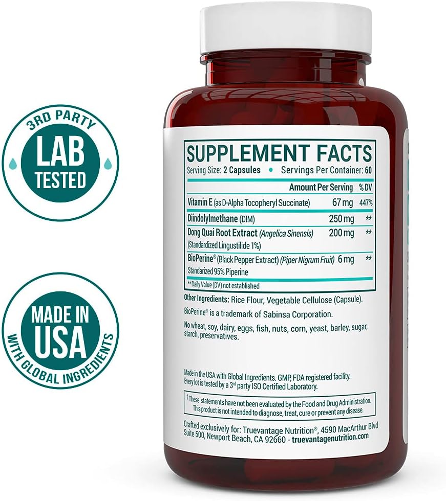 Diindolylmethane DIM Supplement 250mg with Dong Quai, Vitamin E, BioPerine - Hormone Balance for Menopause, PCOS, Acne - Veggie Capsules for Women & Men