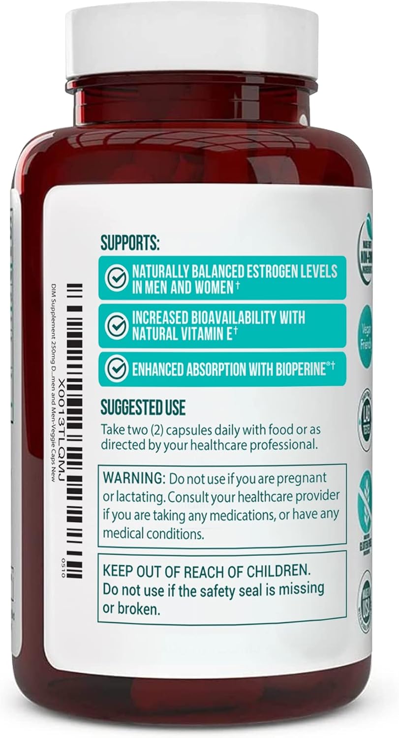 Diindolylmethane DIM Supplement 250mg with Dong Quai, Vitamin E, BioPerine - Hormone Balance for Menopause, PCOS, Acne - Veggie Capsules for Women & Men