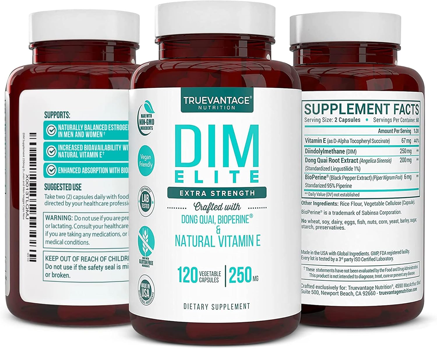 Diindolylmethane DIM Supplement 250mg with Dong Quai, Vitamin E, BioPerine - Hormone Balance for Menopause, PCOS, Acne - Veggie Capsules for Women & Men