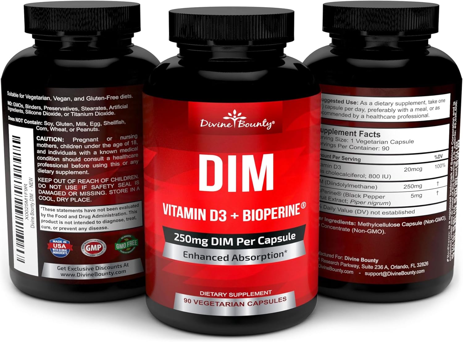 Diindolylmethane (DIM) Supplement 250mg with Vitamin D3 & BioPerine - Hormone Balance Support for Menopause & Estrogen - 90 Veg Capsules
