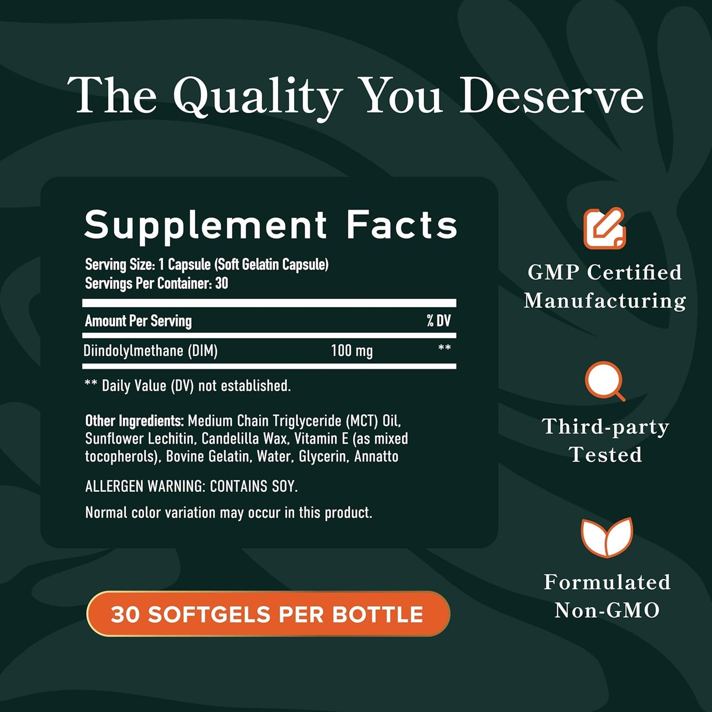 DIM Supplement 100mg for Hormone Balance & Antioxidant Support | Estrogen Balance for Women & Men | Diindolylmethane Softgels with MCT Oil & Vitamin E | 30 Ct. Gentle Formula