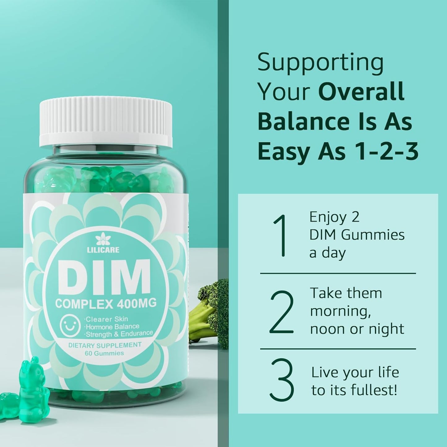 DIM Supplement for Women 400mg - Sugar Free Gummies with Biotin and Flaxseed Oil - Hormone Balance for Menopause and Prostate - 60 Count