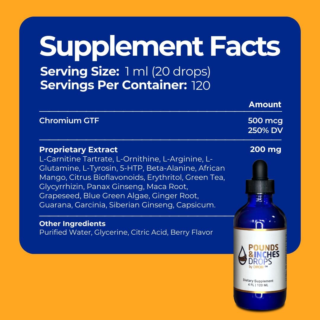 Dirobi Pounds and Inches Drops - Liquid Weight Loss Supplement for Women and Men - Blueberry Flavor - Diet Pill Alternative