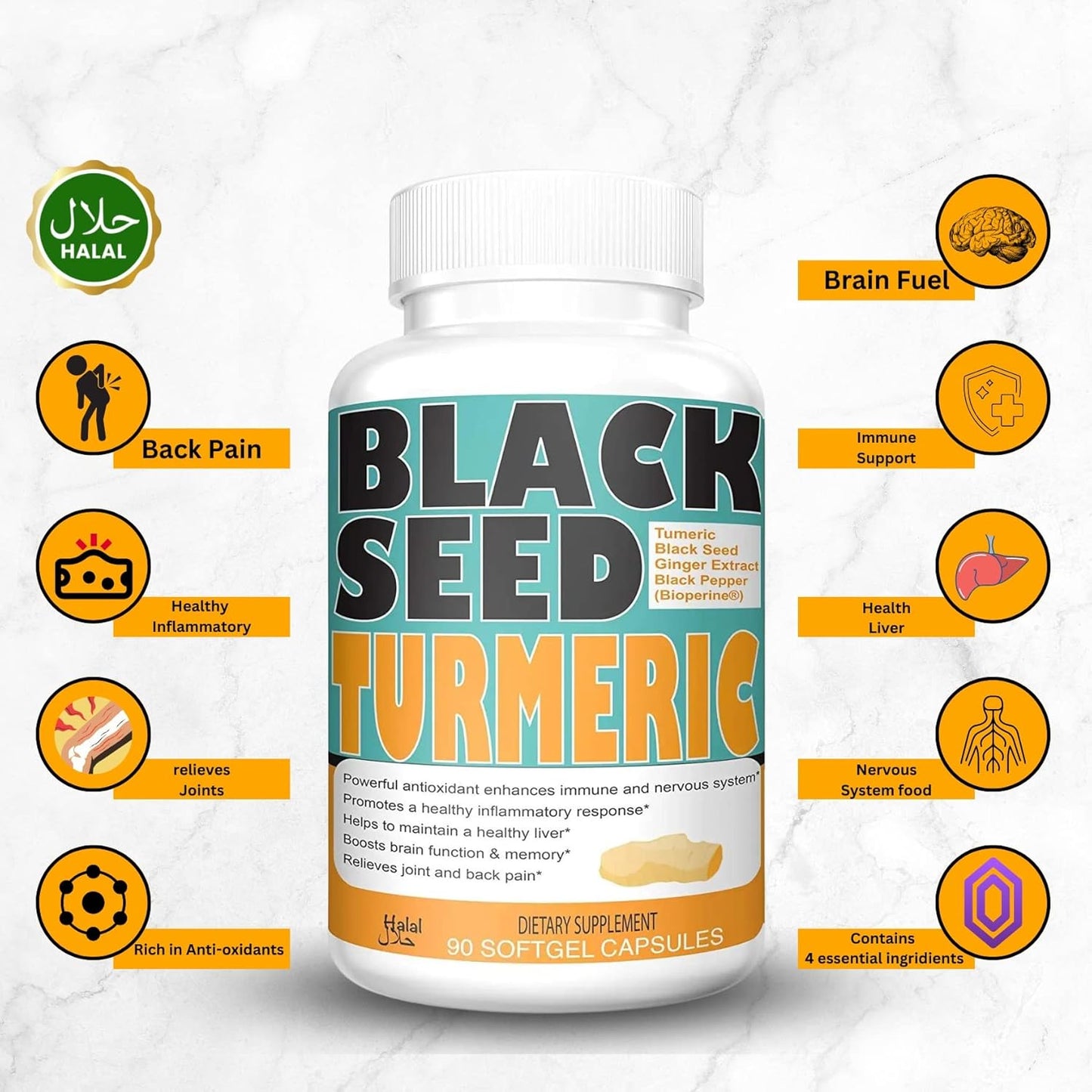 Discover the Benefits of Sweet Sunnah Black Seed Turmeric Capsules with Curcumin, Ginger, and Black Pepper - 60 Veggie Count