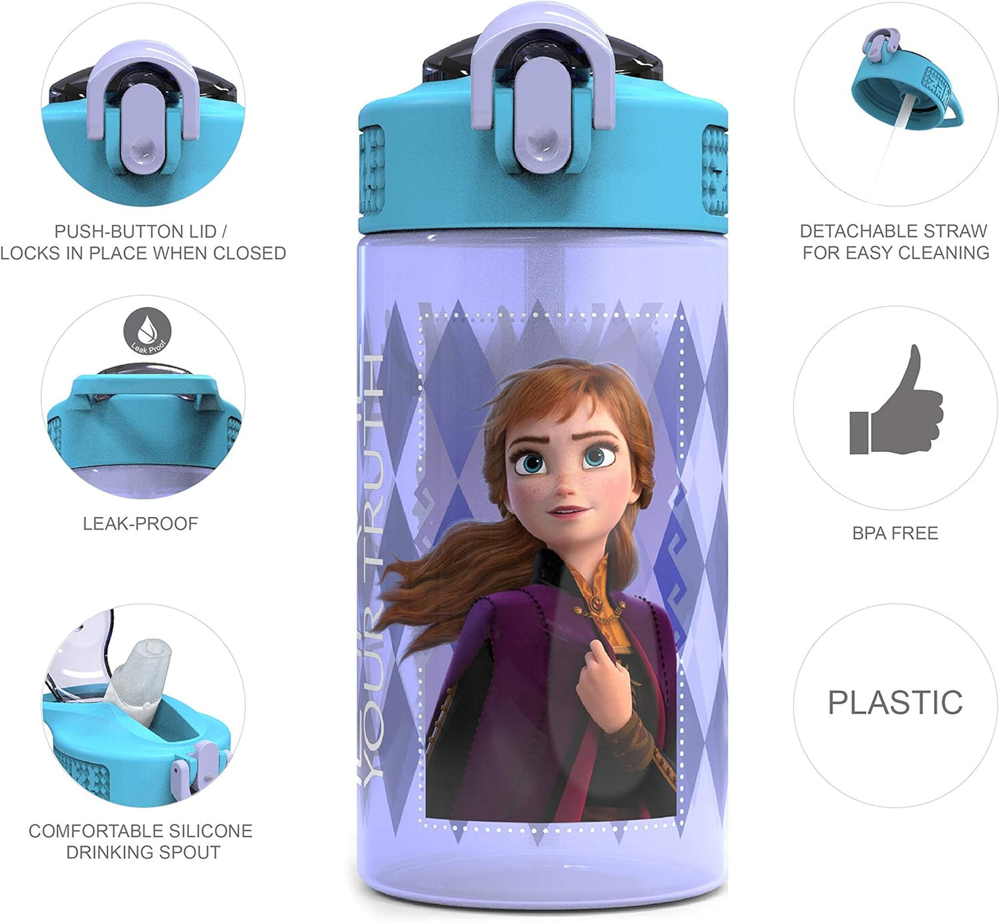 Disney Frozen 2 Kids Water Bottle Set with Reusable Straws, 16 oz BPA-Free Plastic, Leak-Proof Design, Elsa & Anna, 2pc Set