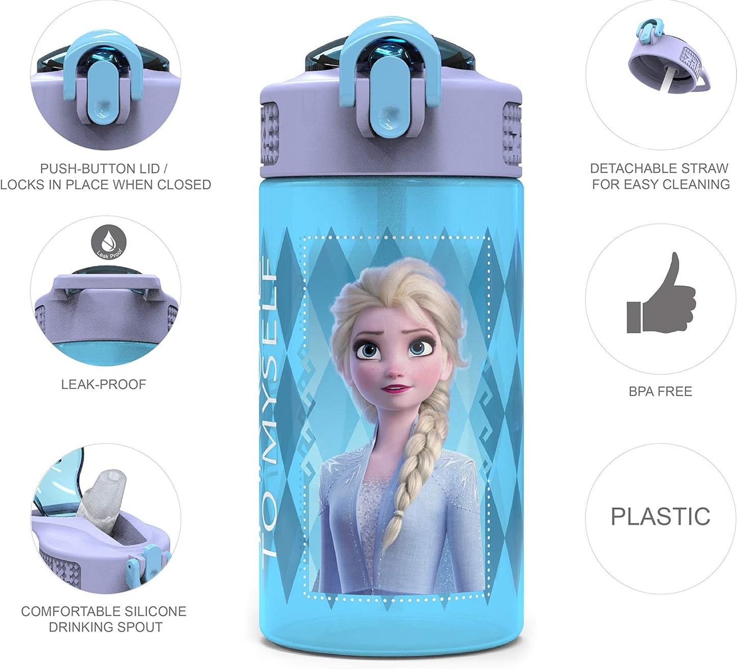 Disney Frozen 2 Kids Water Bottle Set with Reusable Straws, 16 oz BPA-Free Plastic, Leak-Proof Design, Elsa & Anna, 2pc Set