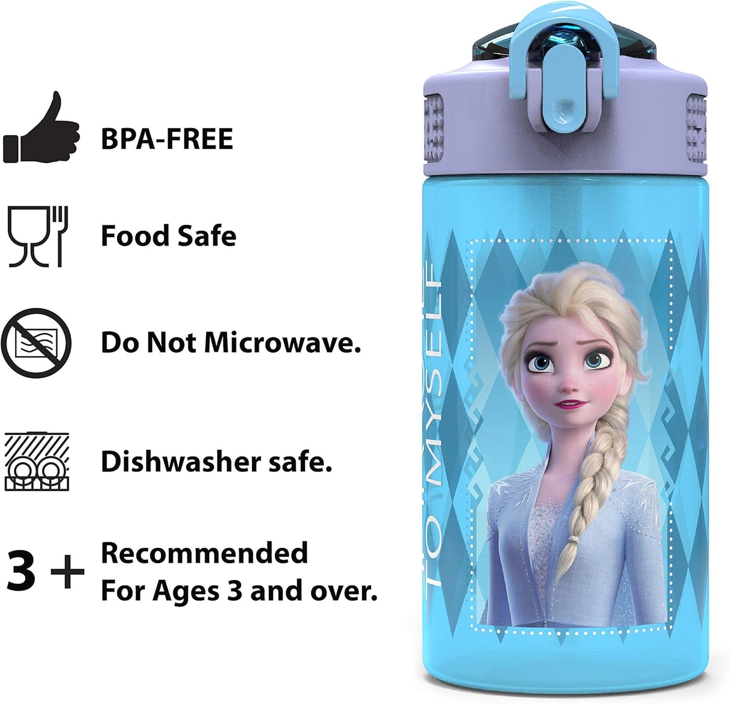 Disney Frozen 2 Kids Water Bottle Set with Reusable Straws, 16 oz BPA-Free Plastic, Leak-Proof Design, Elsa & Anna, 2pc Set
