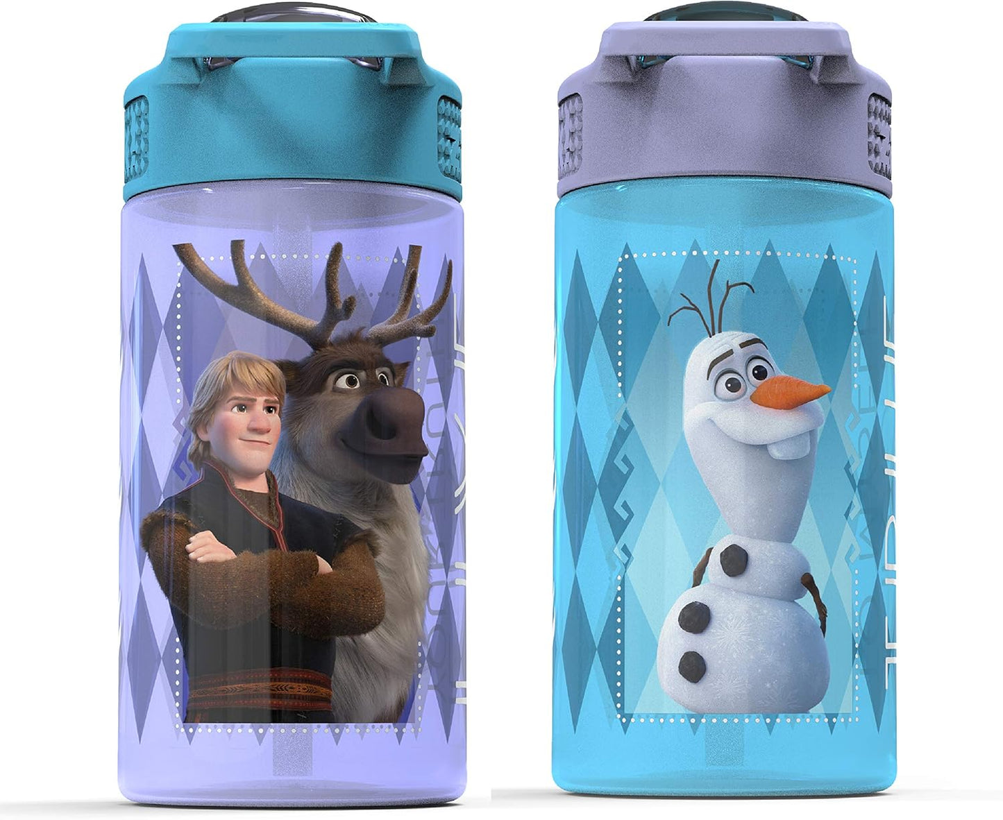 Disney Frozen 2 Kids Water Bottle Set with Reusable Straws, 16 oz BPA-Free Plastic, Leak-Proof Design, Elsa & Anna, 2pc Set