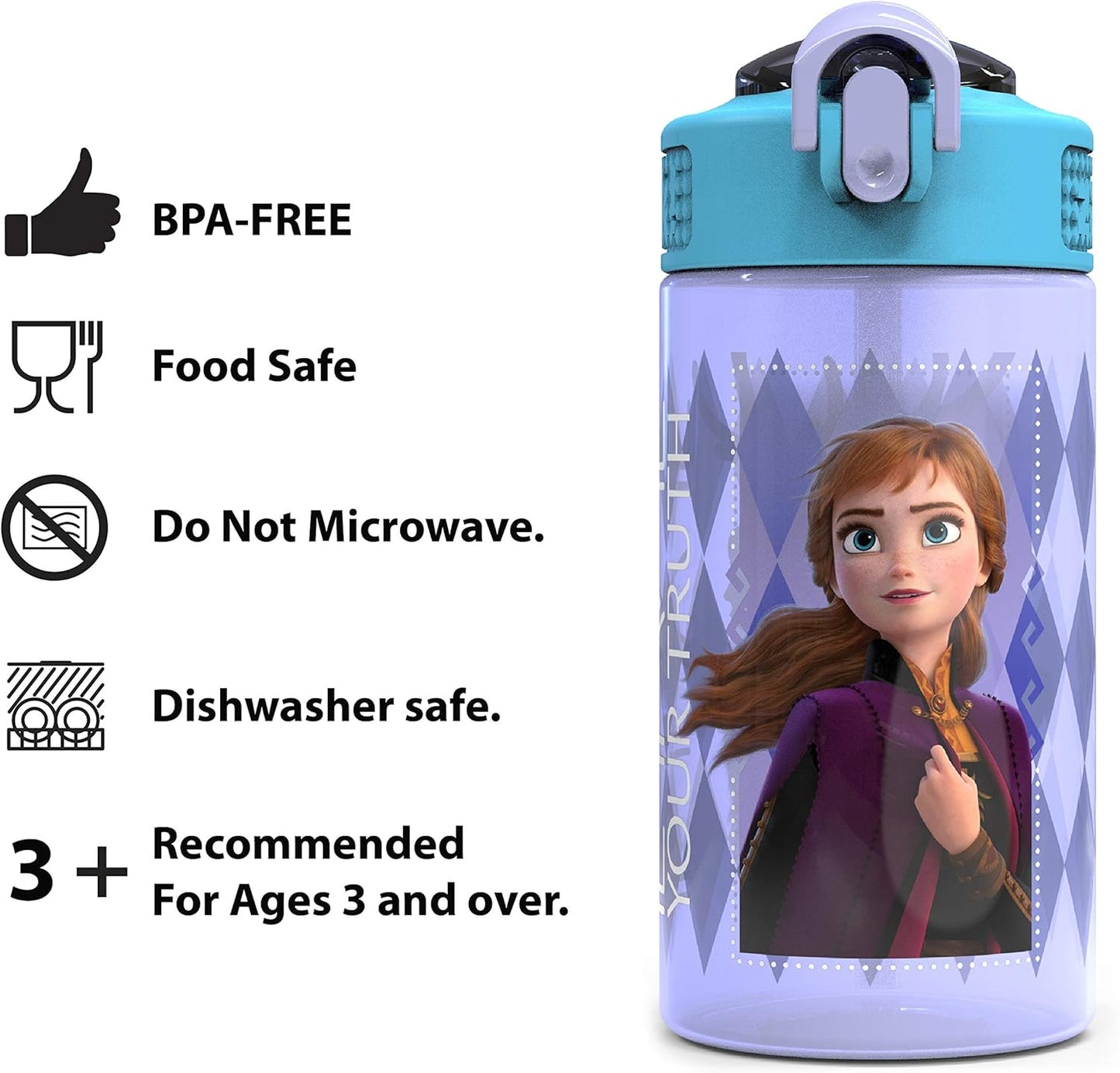 Disney Frozen 2 Kids Water Bottle Set with Reusable Straws, 16 oz BPA-Free Plastic, Leak-Proof Design, Elsa & Anna, 2pc Set