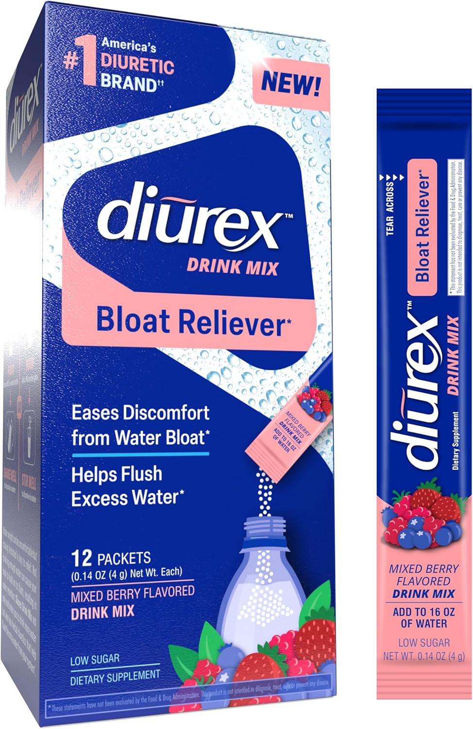 Diurex Drink Mix Mixed Berry Flavored - Bloat Relief - Single-Serve Packets - Dietary Supplement - 12 Packets