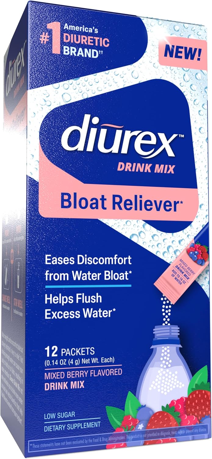 Diurex Drink Mix Mixed Berry Flavored - Bloat Relief - Single-Serve Packets - Dietary Supplement - 12 Packets