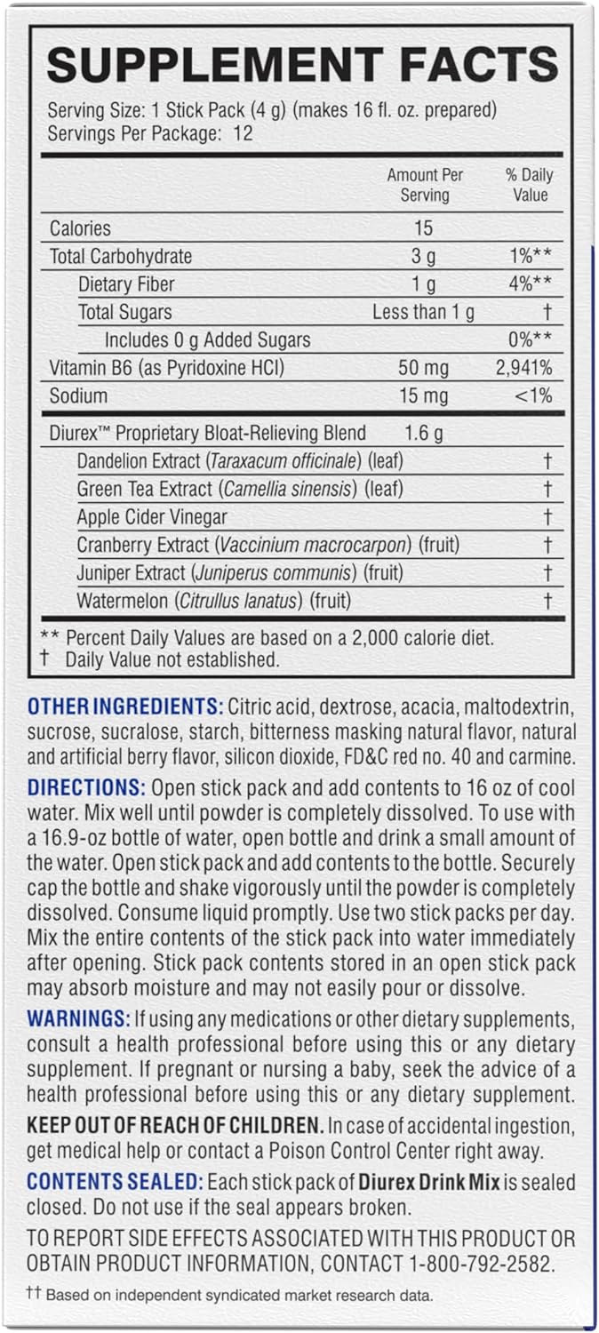Diurex Drink Mix Mixed Berry Flavored - Bloat Relief - Single-Serve Packets - Dietary Supplement - 12 Packets
