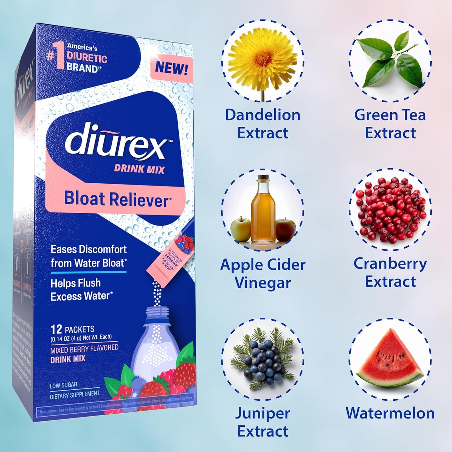 Diurex Drink Mix Mixed Berry Flavored - Bloat Relief - Single-Serve Packets - Dietary Supplement - 12 Packets