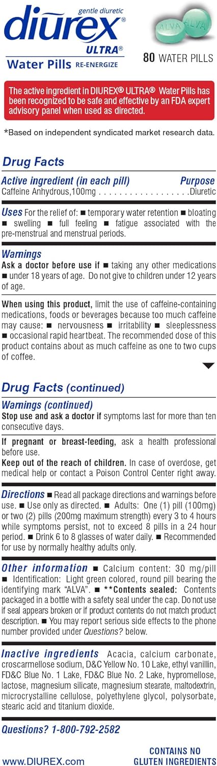 Diurex Ultra Water Pills - Reduce Bloating & Boost Energy - 80 Count