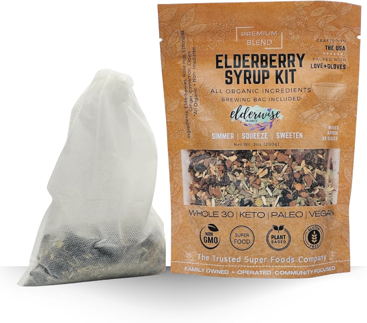 DIY Elderwise Organics Elderberry Syrup Kit - Easy Homemade Syrup Making with Organic Ingredients, Makes 32oz, Brewing Bag Included