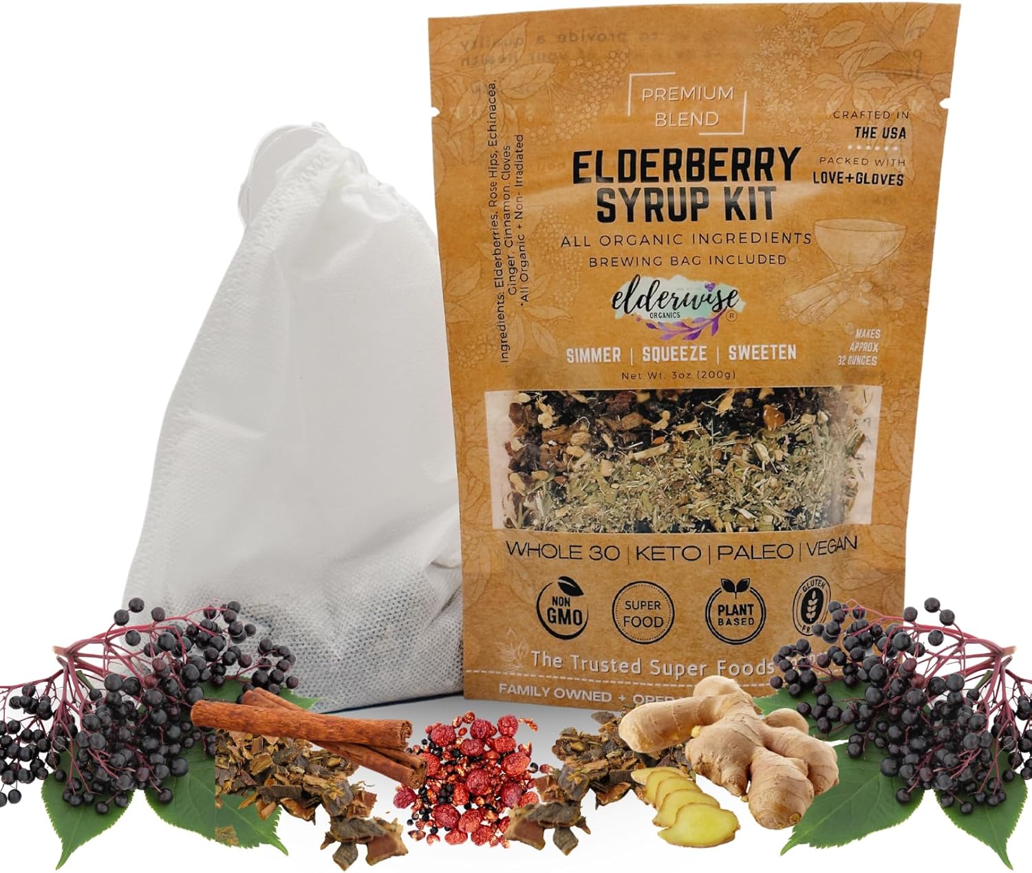 DIY Elderwise Organics Elderberry Syrup Kit - Easy Homemade Syrup Making with Organic Ingredients, Makes 32oz, Brewing Bag Included