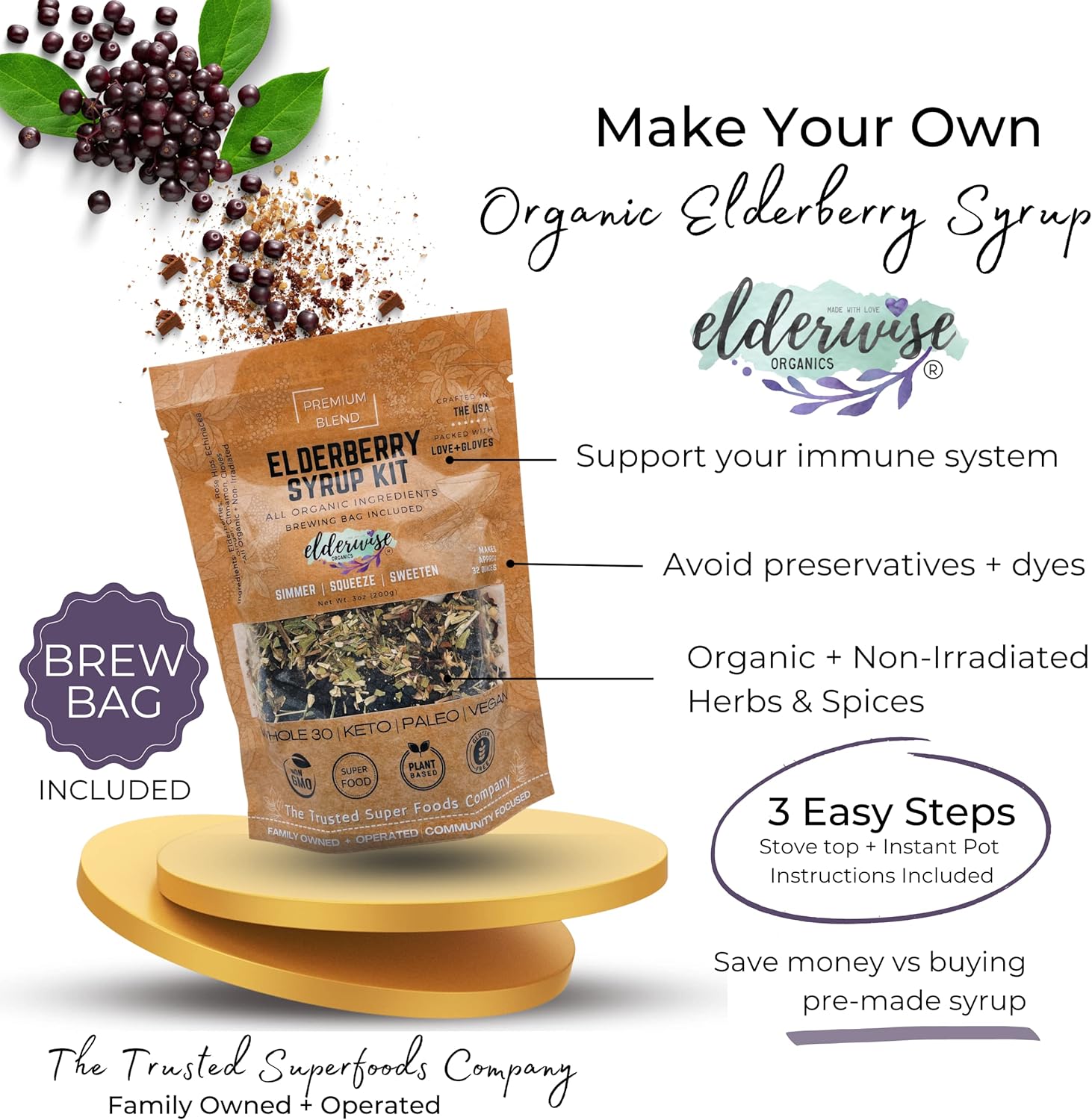 DIY Elderwise Organics Elderberry Syrup Kit - Easy Homemade Syrup Making with Organic Ingredients, Makes 32oz, Brewing Bag Included