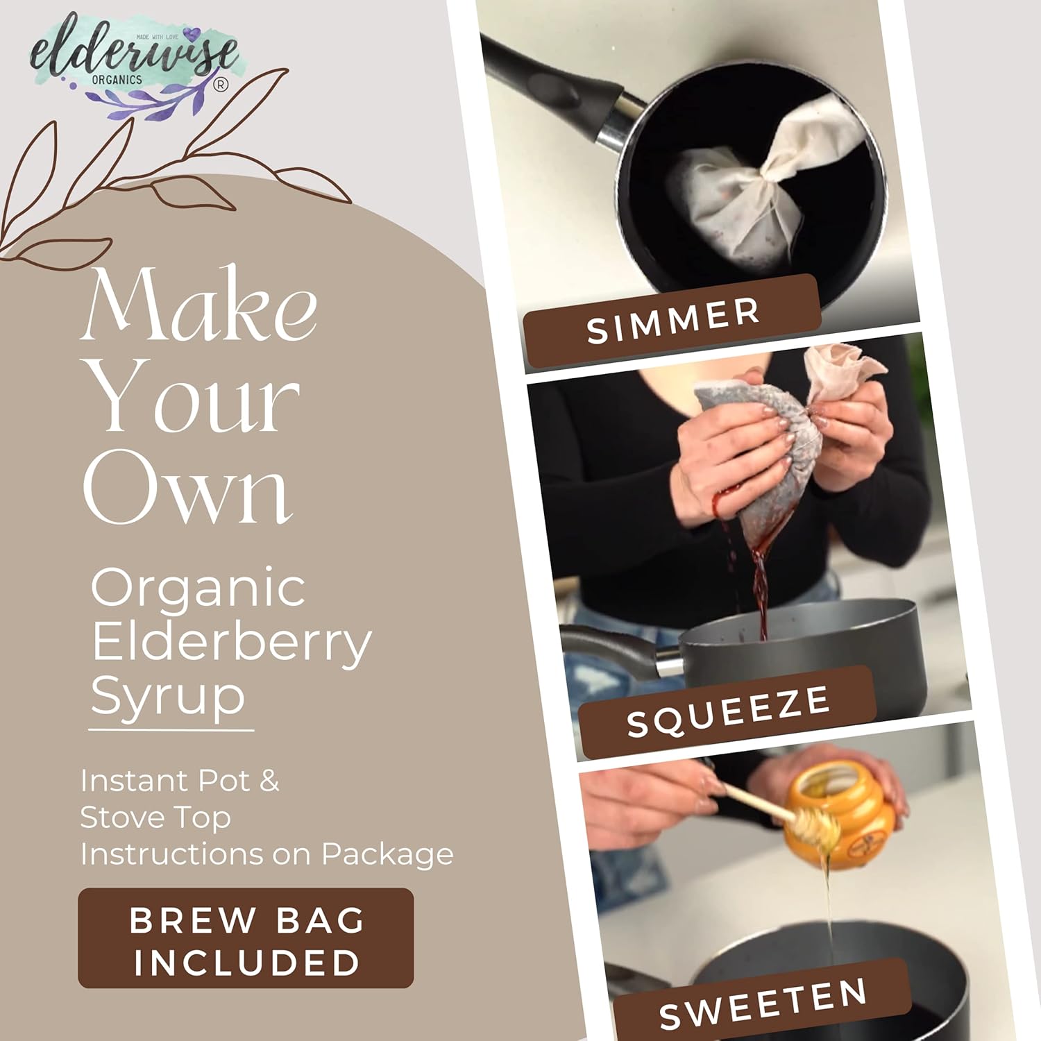 DIY Elderwise Organics Elderberry Syrup Kit - Easy Homemade Syrup Making with Organic Ingredients, Makes 32oz, Brewing Bag Included