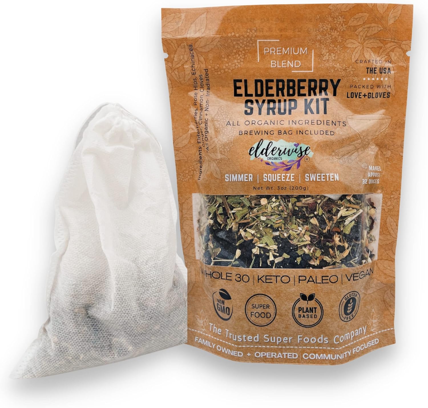 DIY Elderwise Organics Elderberry Syrup Kit - Easy Homemade Syrup Making with Organic Ingredients, Makes 32oz, Brewing Bag Included