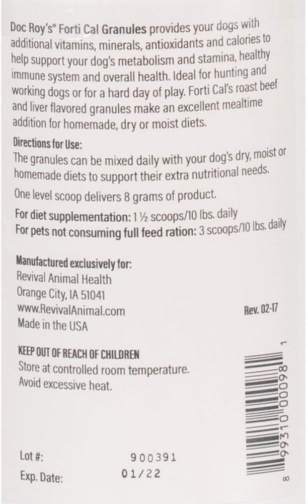 Doc Roy's Forti Cal High Calorie Nutritional Energy Supplement - 454 gm Granules for Dogs, Cats, Puppies, and Kittens by Revival Animal Health
