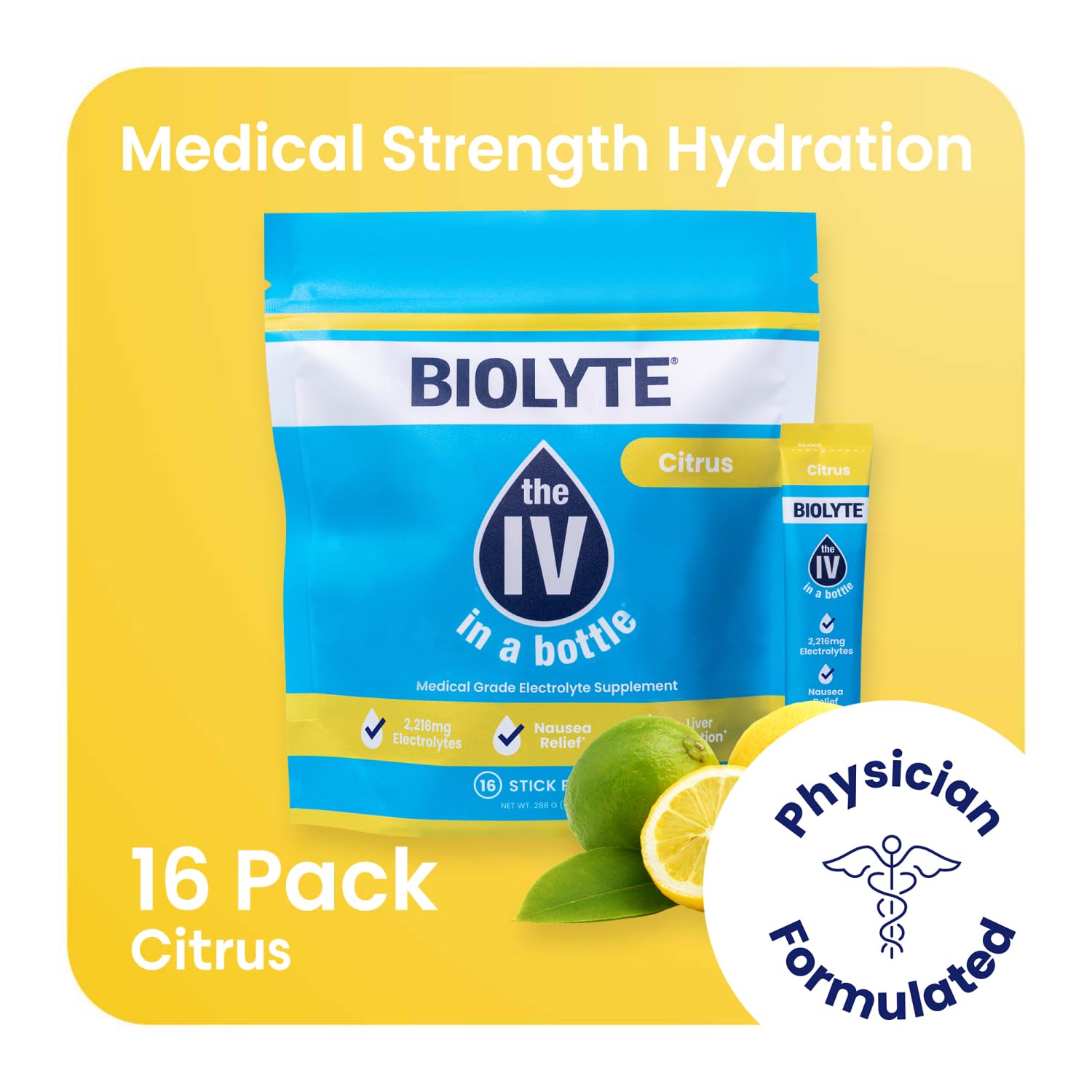 Doctor-Developed BIOLYTE Electrolyte Powder Packets for Dehydration Relief - Citrus Flavor (16 Sticks)