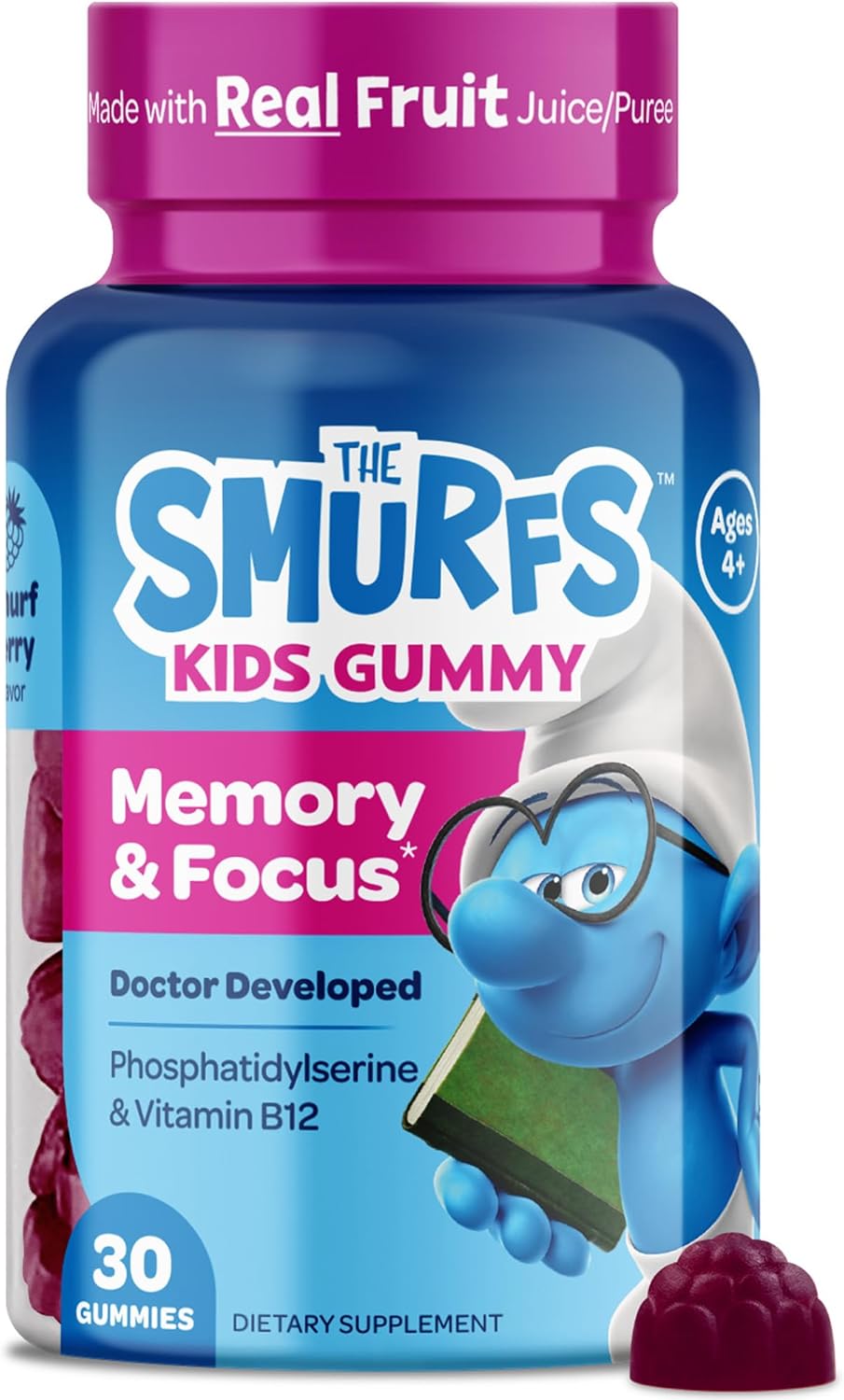 Doctor-Developed VITABURST Smurfs Focus Gummies for Kids | Phosphatidylserine Supplement | Real Fruit | Non-GMO | 30 Gummies