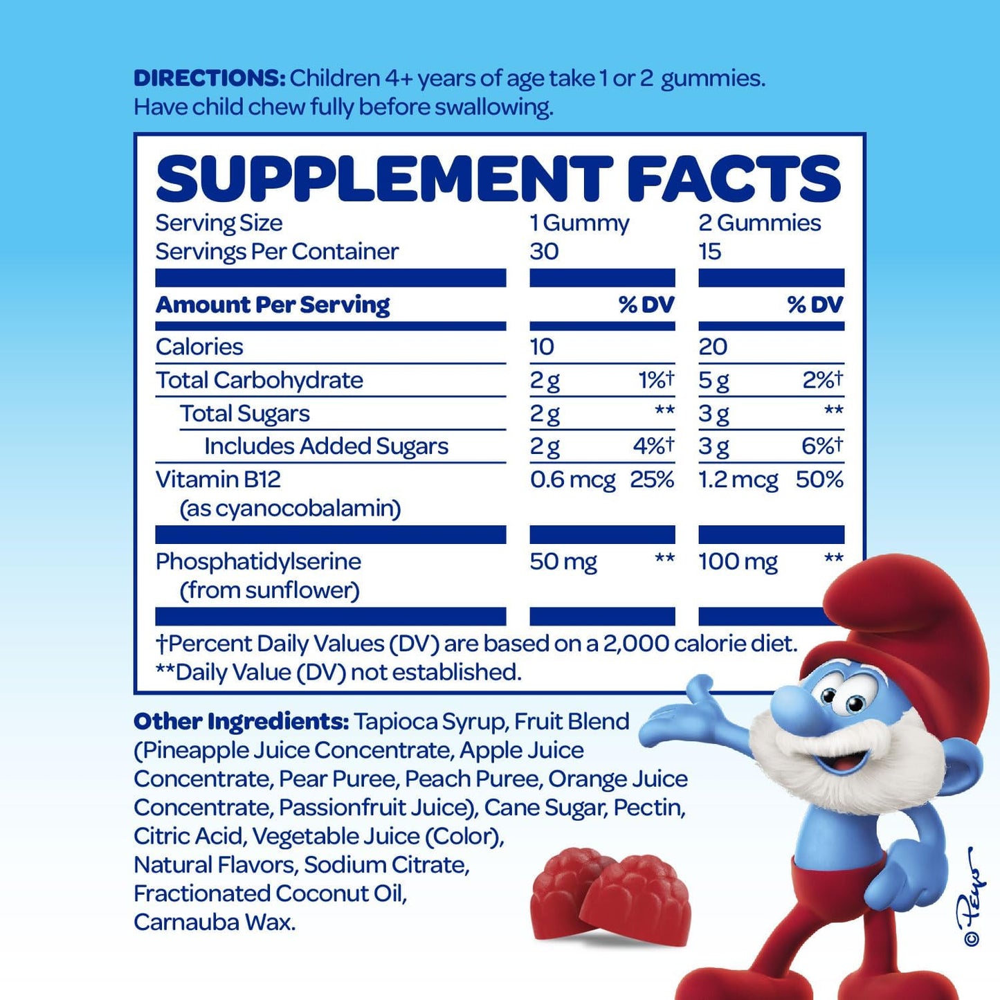 Doctor-Developed VITABURST Smurfs Focus Gummies for Kids | Phosphatidylserine Supplement | Real Fruit | Non-GMO | 30 Gummies