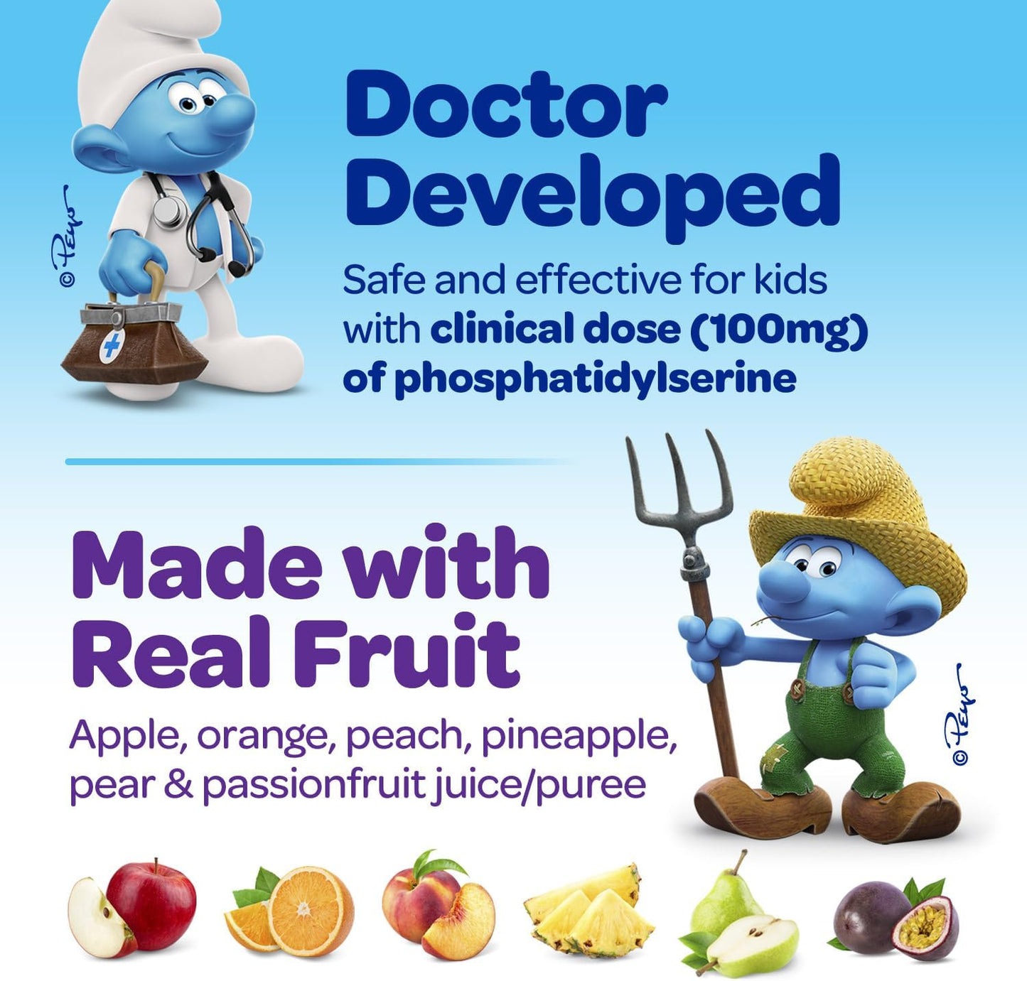 Doctor-Developed VITABURST Smurfs Focus Gummies for Kids | Phosphatidylserine Supplement | Real Fruit | Non-GMO | 30 Gummies