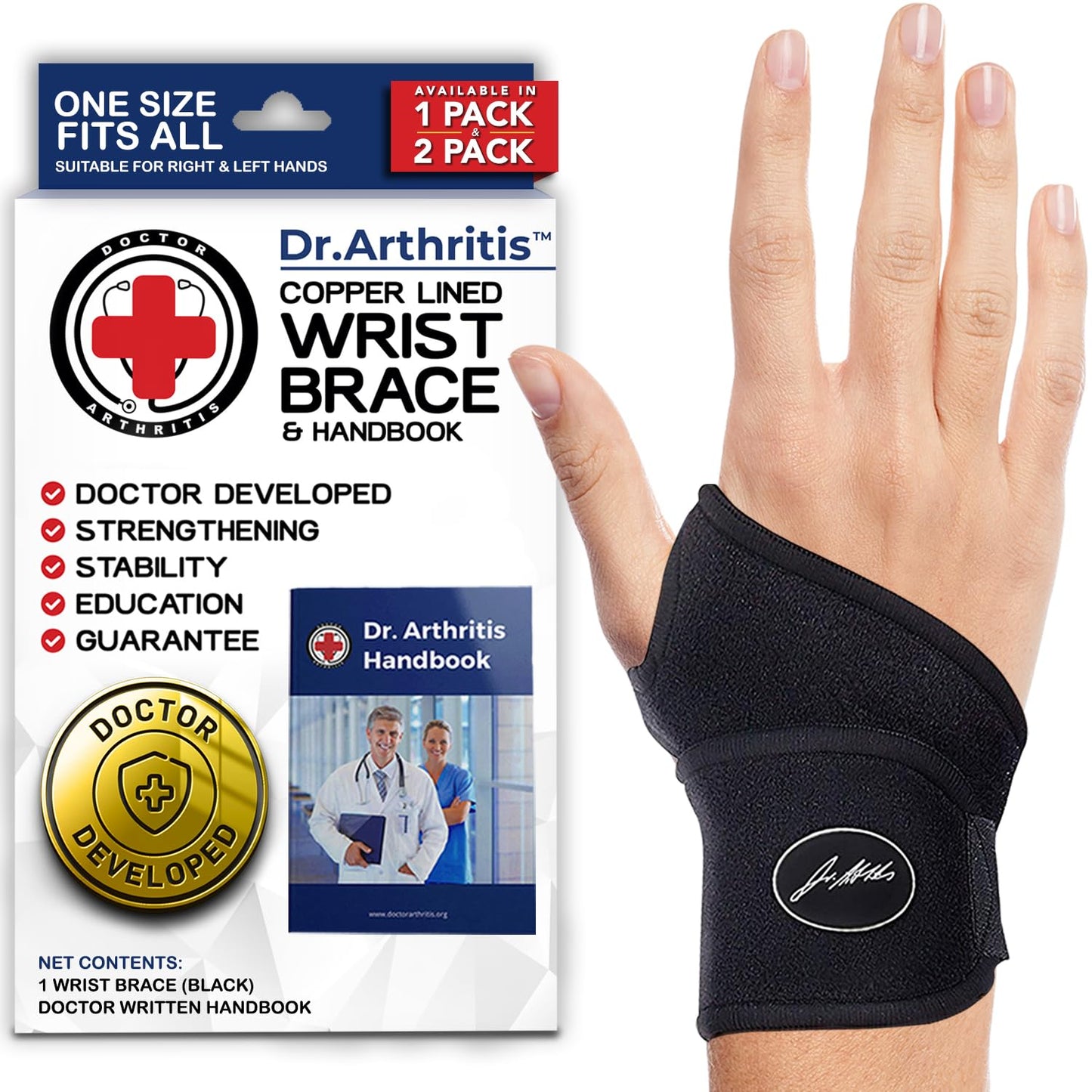 Doctor Developed Wrist Brace for Carpal Tunnel, Arthritis & Tendonitis - Hand Support for Fitness, Weightlifting - Includes Handbook