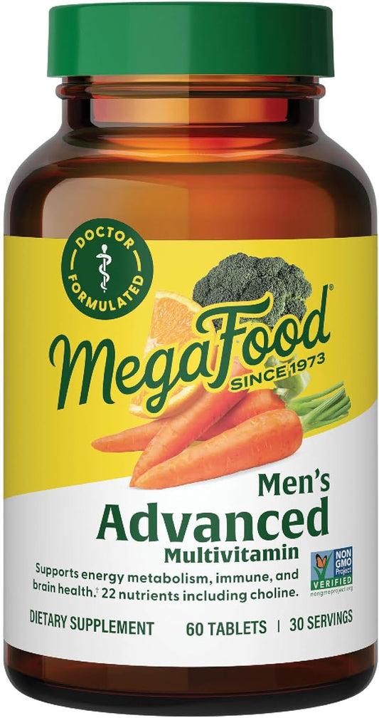 Doctor-Formulated MegaFood Men's Advanced Multivitamin with Choline, Vitamin B12, D, C, and Zinc for Brain Health & Immune Support - Non-GMO & Vegetarian - 60 Tabs